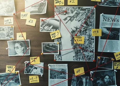 A "murder board" connecting clues in the form of pictures and sticky notes