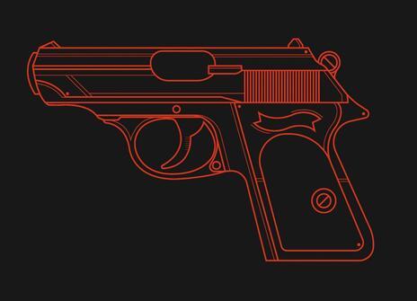 There is a drawn outline of a pistol, in red. This is on a black background. 