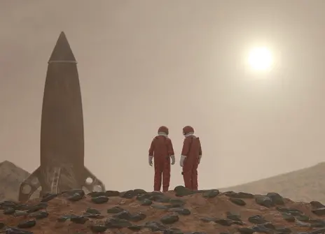 Two astronauts and a rocket are standing on the surface of a planet. It is dusty and red. 