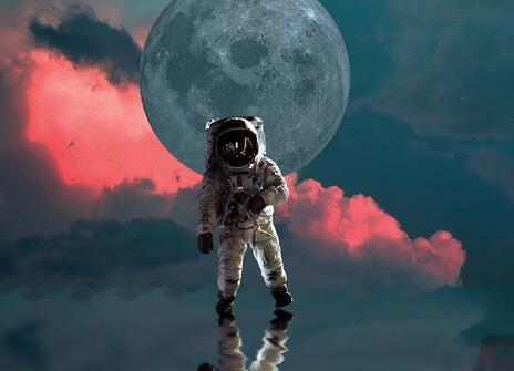 An artist's impression of an astronaut walking through water. Clouds and a planet are behind them. 