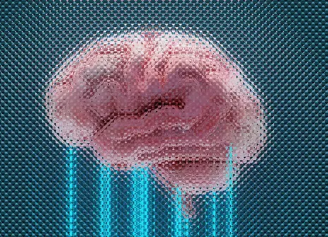 Pink pixelated brain over blue background