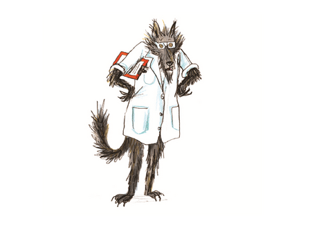 a wolf is wearing a labcoat and safety goggles while standing upright.
