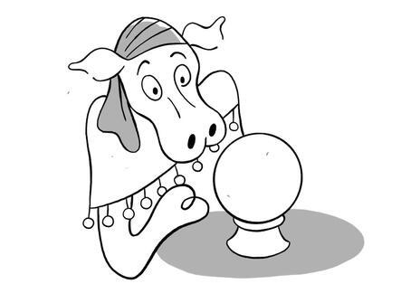 A cartoon of a cow looking in a crystal ball
