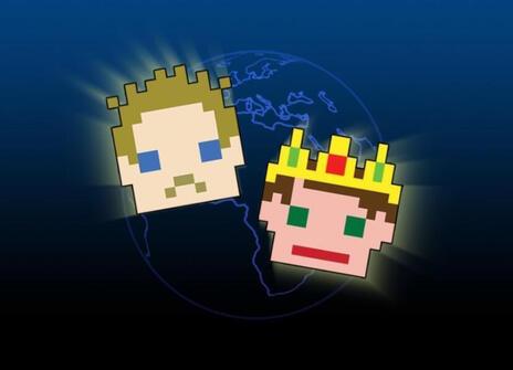 Two pixellated glowing faces in front of the world map
